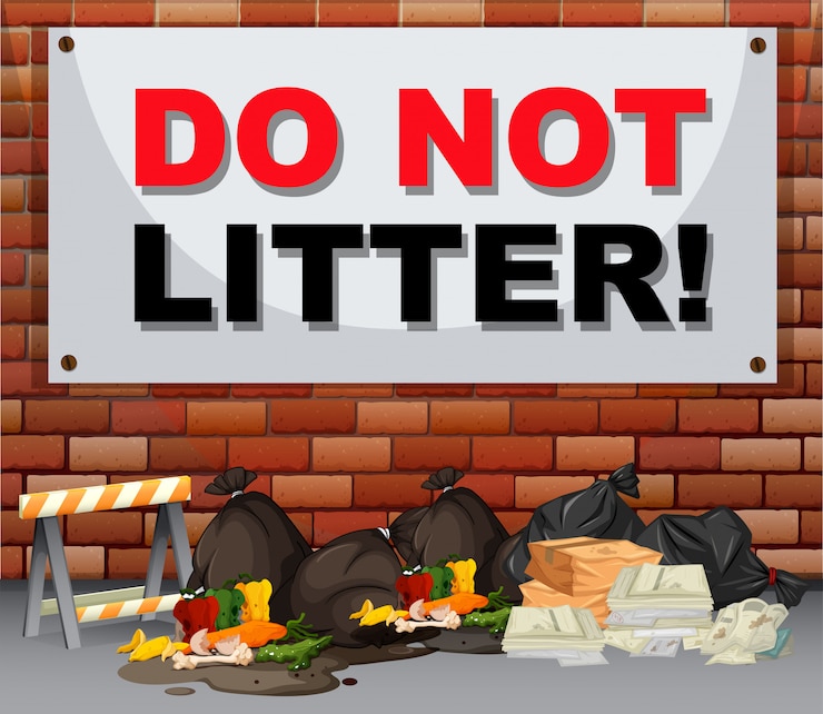 Vector Gratis scene with trash under the sign do not litter