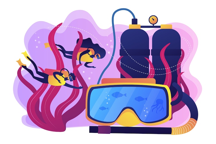 Vector Gratis scuba divers swimming under water and mask with snorkel, tiny people. diving school, best commercial diving, all levels diver program concept.  
