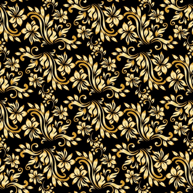 Seamless pattern with luxury damask ornament on the black background.