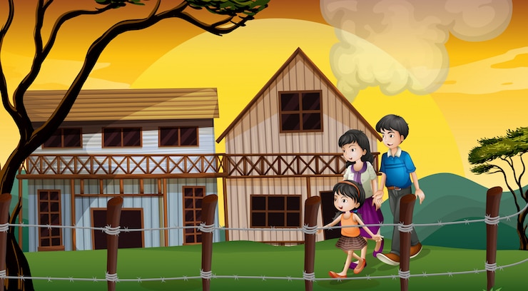 Vector Gratis sebuah keluarga berjalan di depan rumah-rumah kayu