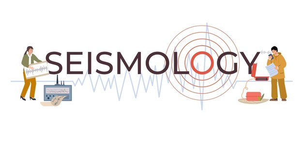 Seismology flat text with big letters and small people characters working with special equipment vector illustration