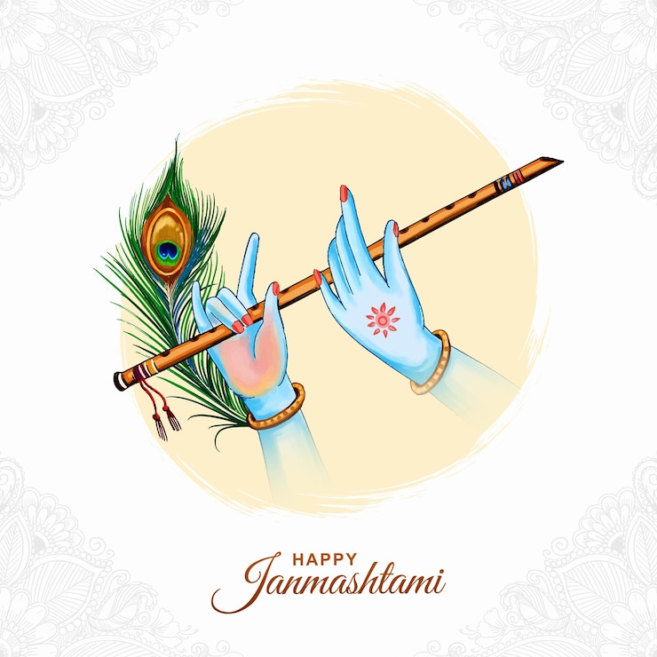 Vector Gratis selamat hari janmashtami dengan latar belakang kartu tangan dewa krishna memainkan bansuri