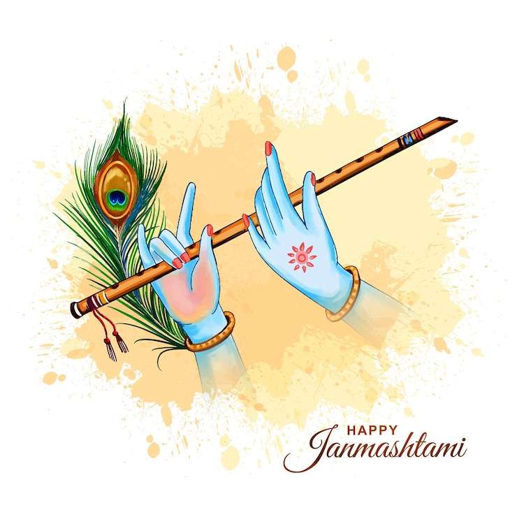 Vector Gratis selamat janmashtami dengan desain perayaan dewa krishna memainkan bansuri dengan tangan