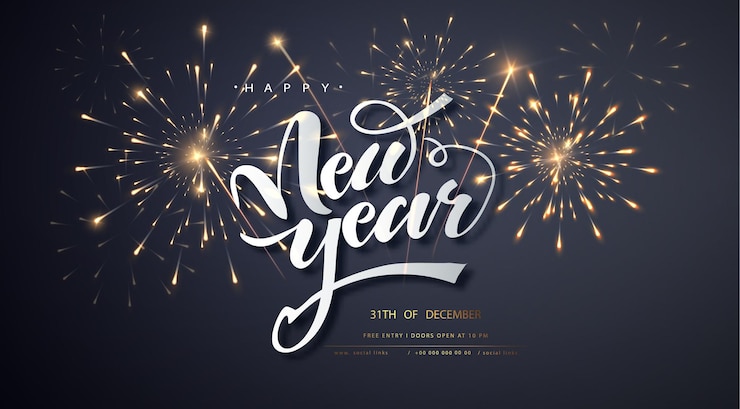 Vector Gratis selamat tahun baru dengan ledakan kembang api meriah di latar belakang gelap. elemen dekoratif holyday. banner ucapan selamat.