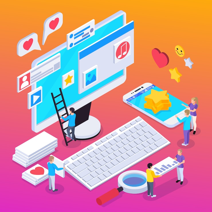 Vector Gratis seo isometric composition with project and idea symbols isolated