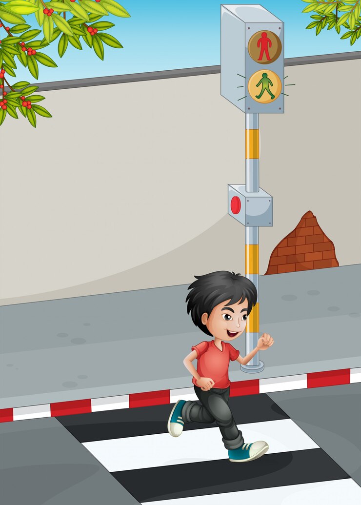 Vector Gratis seorang anak laki-laki berlari saat menyeberang jalan