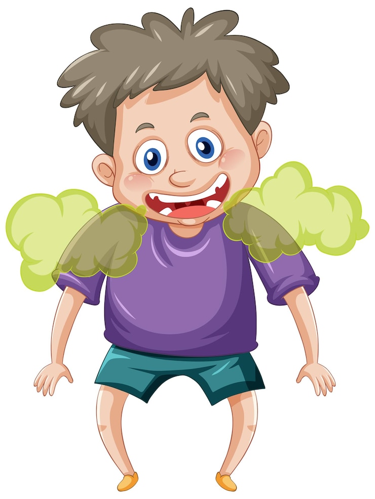 Vector Gratis seorang anak laki-laki dengan karakter kartun bau mulut