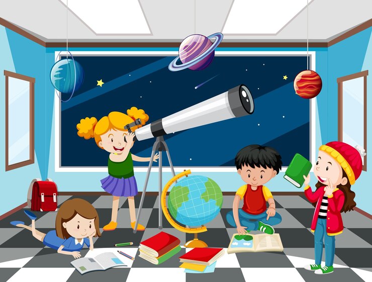 Vector Gratis seorang anak melihat planet dengan teleskop di observatorium