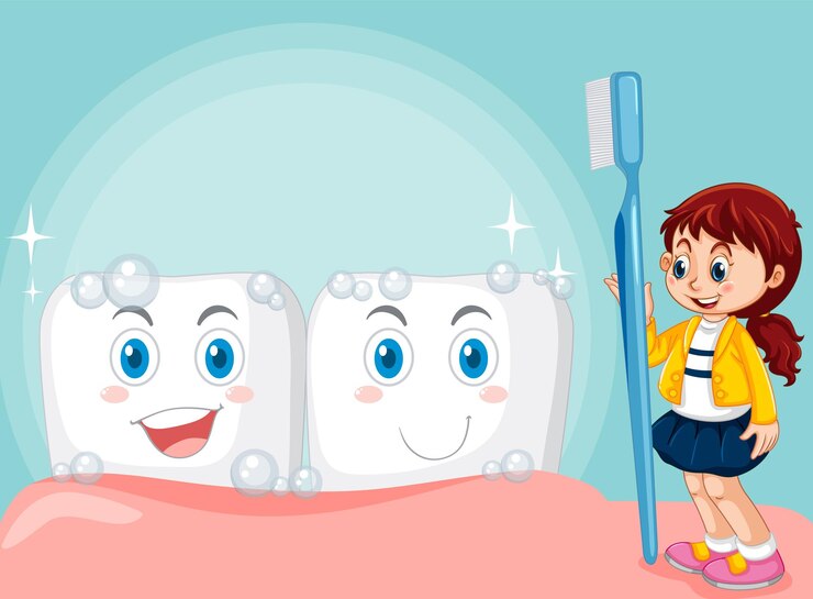 Vector Gratis seorang gadis kecil memegang sikat gigi dengan gigi yang kuat dengan latar belakang putih