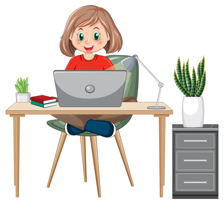 Vector Gratis seorang gadis menjelajahi internet di laptop