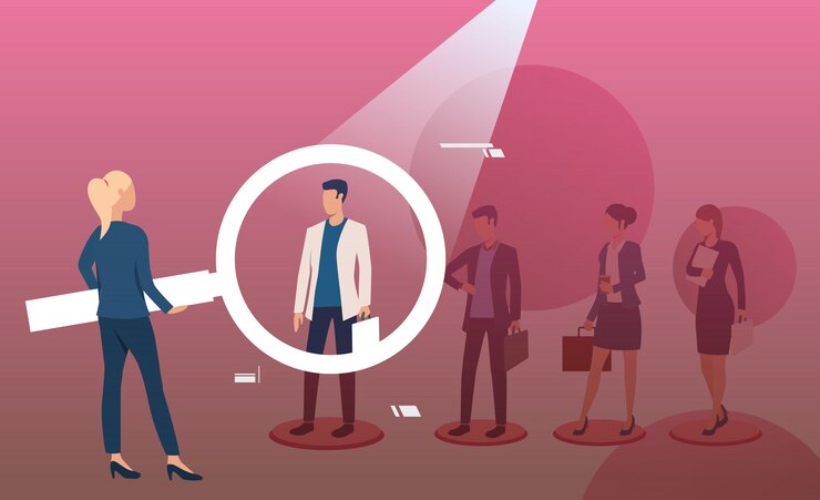 Vector Gratis seorang wanita memegang kaca pembesar dan memilih pria