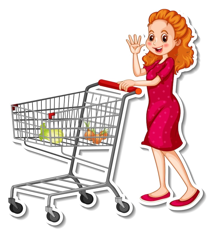 Vector Gratis seorang wanita mendorong troli belanja dengan bahan makanan