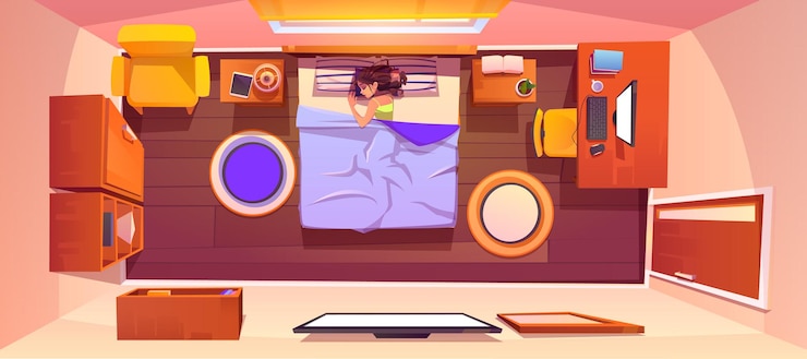 Vector Gratis seorang wanita tidur di tempat tidur di pagi hari, tampilan atas interior kamar tidur