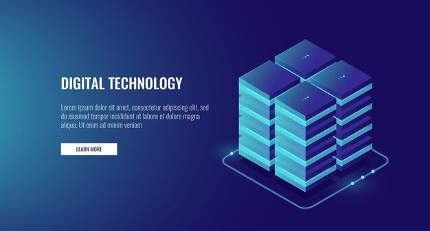 Server room, cloud data cloud storage, big data processing concept, networking and internet
