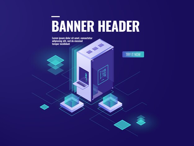 Server room, web hosting isometric icon, datacenter and database 