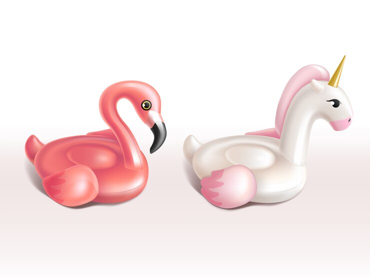 Vector Gratis set 3d realistis cincin renang - flamingo merah muda dan unicorn putih.