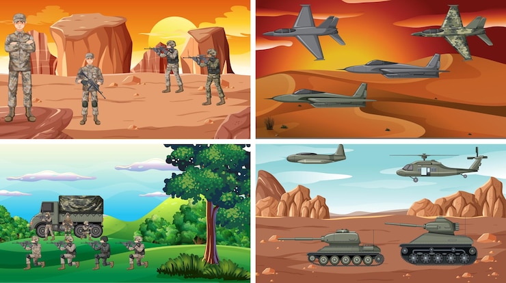 Vector Gratis set adegan perang tentara yang berbeda