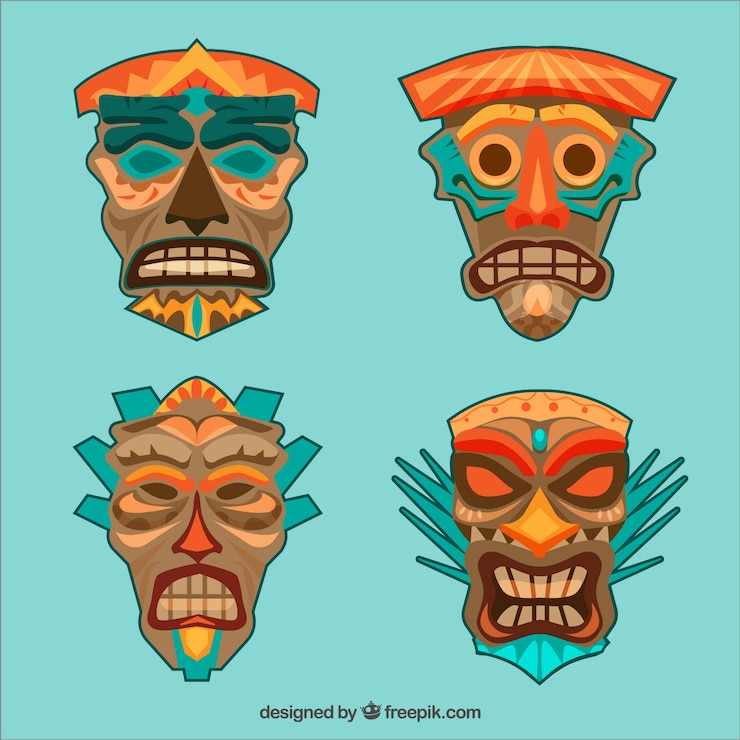 Vector Gratis set artistik topeng suku hawaii