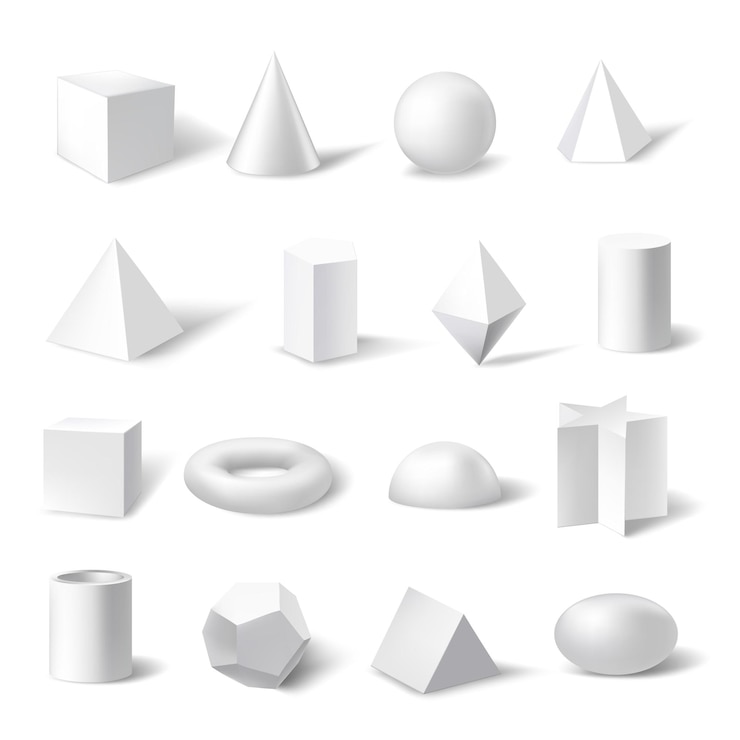 Vector Gratis set bentuk figur geometris 3d kubus persegi kerucut piramida prisma silinder segi enam bintang trapesium torus