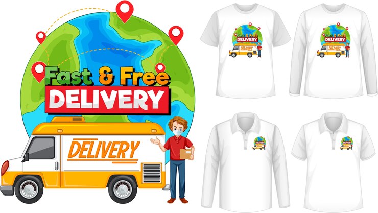 Vector Gratis set berbagai jenis kaos dengan logo pengiriman cepat dan gratis di layar kaos