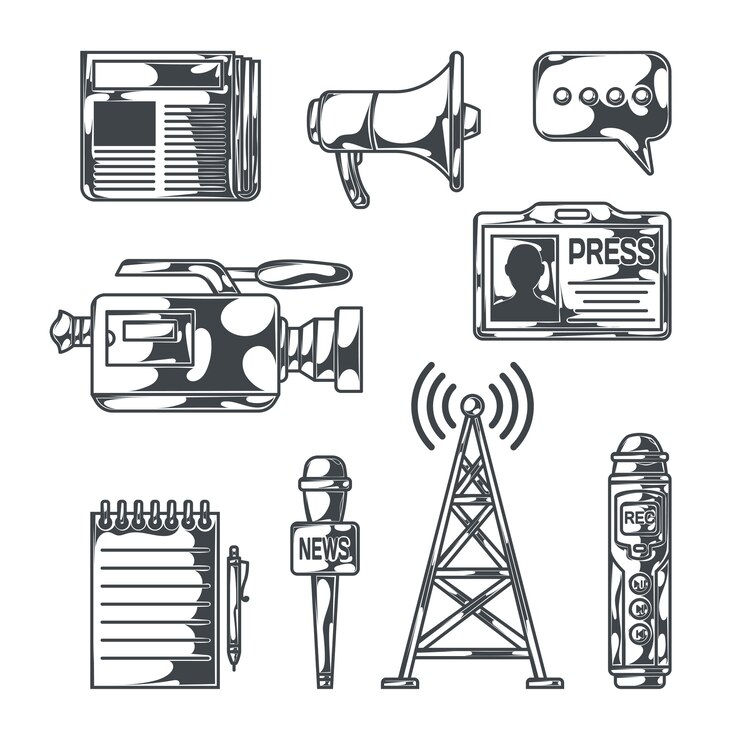 Vector Gratis set berita dengan gambar gaya sketsa terisolasi dari peralatan penyiaran, perekam portabel, notepad, surat kabar, dan ilustrasi vektor id