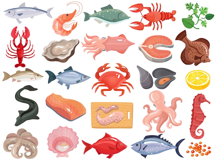 Vector Gratis set besar ikon datar makanan laut