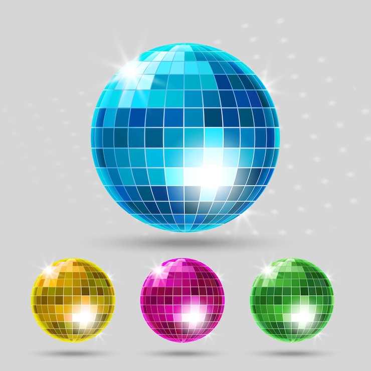 Vector Gratis set bola disko. bola klub, pantulan berkilau, hiburan dansa.
