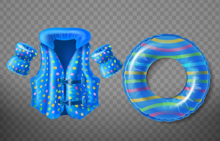 Vector Gratis set dengan cincin karet biru, jaket pelampung, dan ban lengan tiup untuk anak-anak