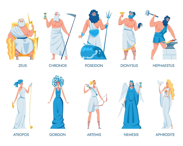 Vector Gratis set dewa dan dewi yunani kuno. set ilustrasi