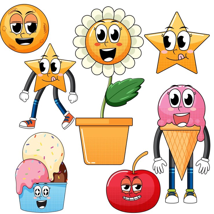 Vector Gratis set ekspresi wajah dengan kartun makanan gaya vintage di atas putih