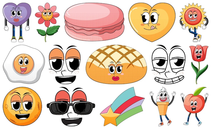 Vector Gratis set ekspresi wajah dengan kartun makanan gaya vintage di atas putih