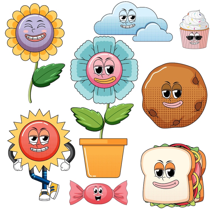 Vector Gratis set ekspresi wajah dengan kartun makanan gaya vintage di atas putih