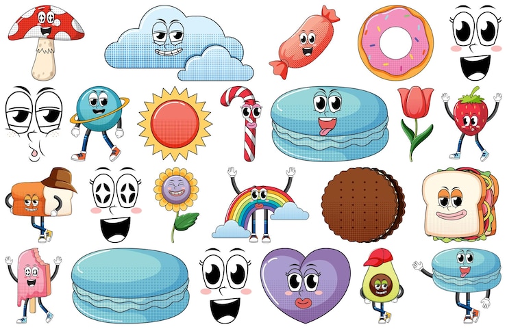 Vector Gratis set ekspresi wajah dengan kartun makanan gaya vintage di atas putih