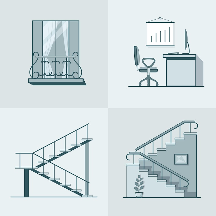Vector Gratis set elemen bangunan arsitektur garis linear tangga tempat kerja kantor balkon.