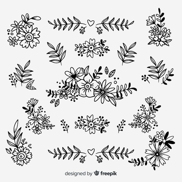 Vector Gratis set elemen dekorasi bunga tanpa warna