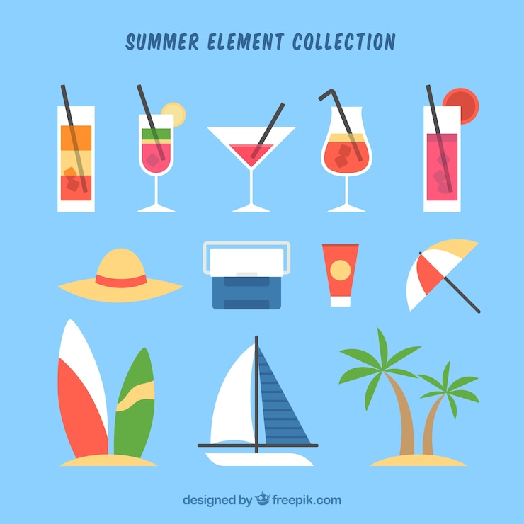 Vector Gratis set elemen musim panas dengan makanan dan pakaian dalam gaya datar