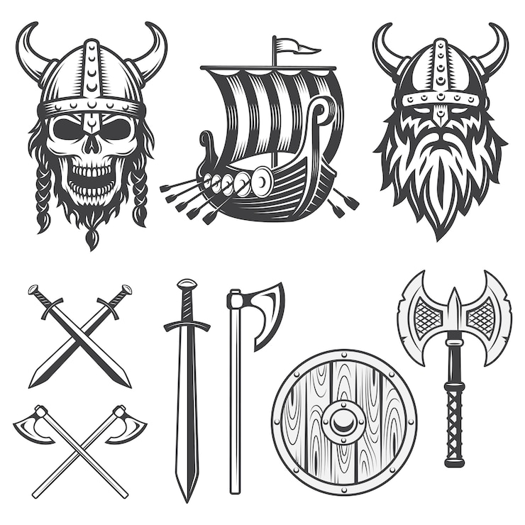 Vector Gratis set elemen viking monokrom yang diisolasi dengan latar belakang putih