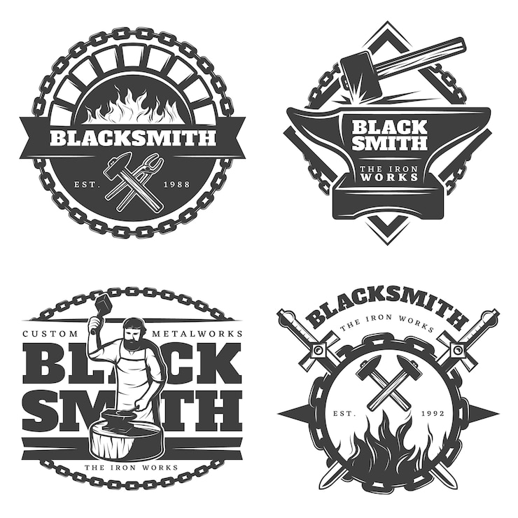 Vector Gratis set emblem pandai besi vintage monokrom