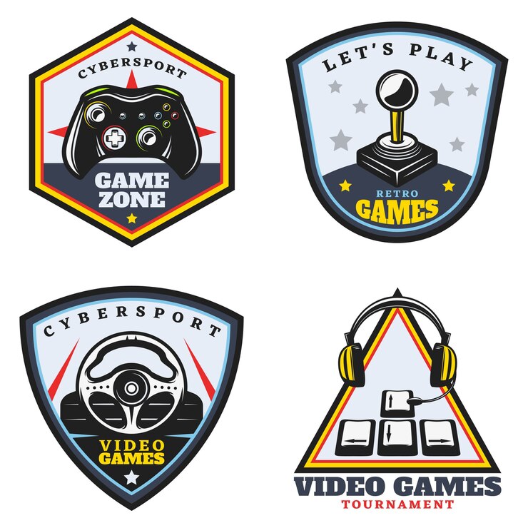 Vector Gratis set emblem video game berwarna vintage