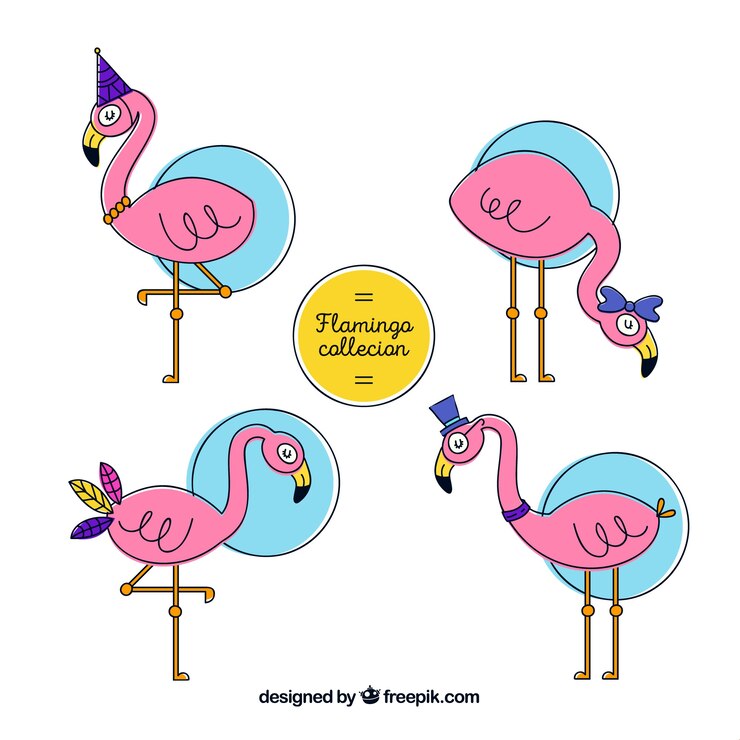 Vector Gratis set flamingo merah muda dengan gaya digambar tangan