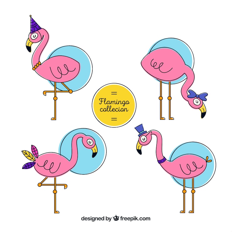 Vector Gratis set flamingo merah muda dengan gaya digambar tangan