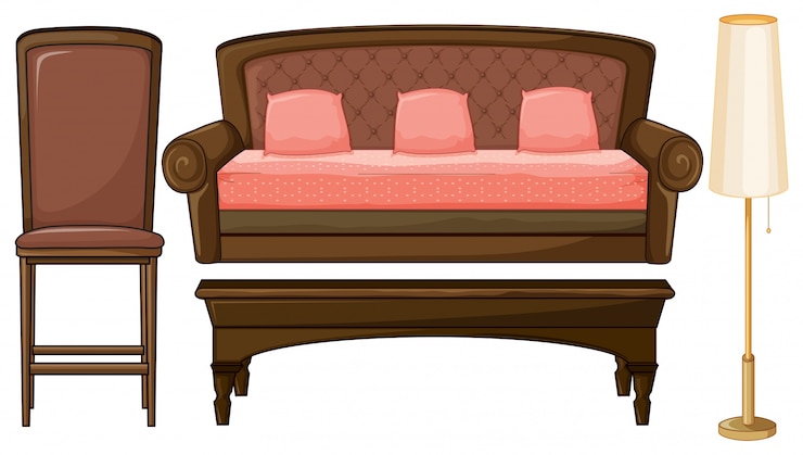 Vector Gratis set furnitur ruang tamu dengan tema cokelat dan merah muda