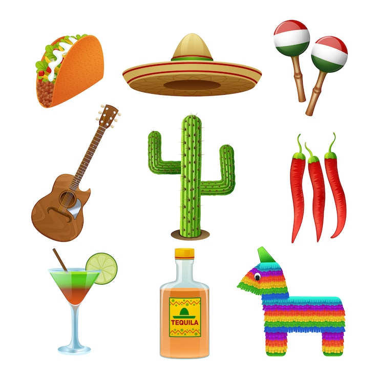 Vector Gratis set ikon datar budaya meksiko dengan tequila sombrero dan cabai pedas taco abstrak