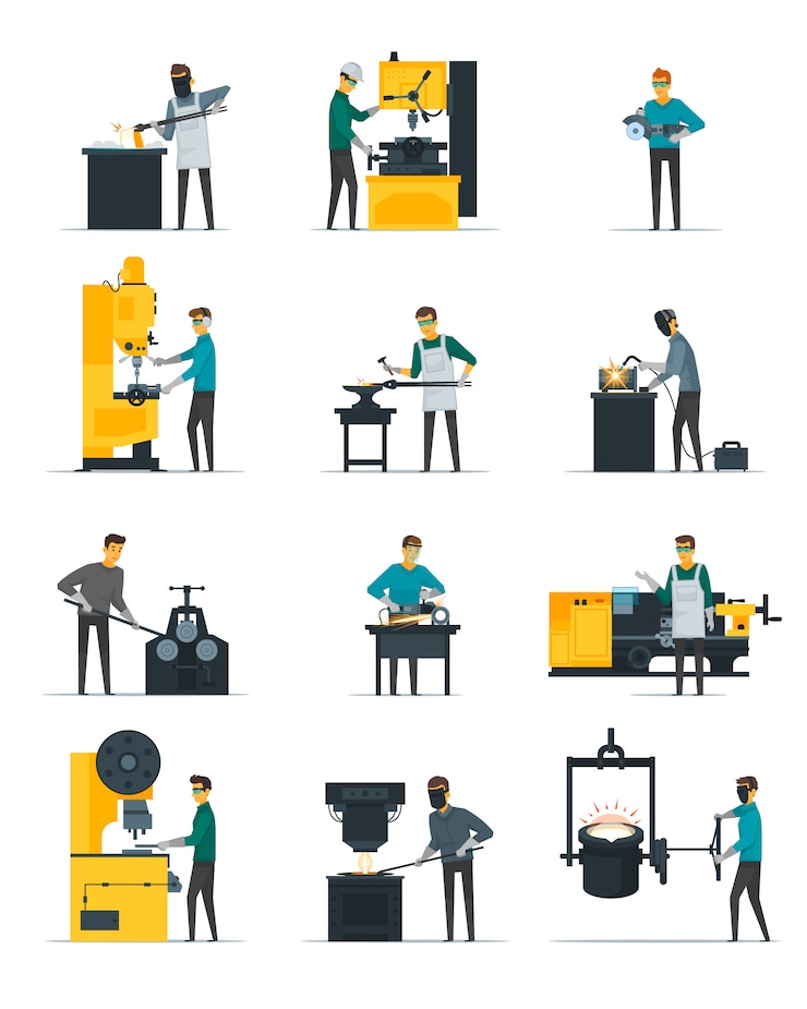 Vector Gratis set ikon datar pandai besi yang sedang bekerja dengan peleburan logam, pengecoran, penempaan, dan pemukulan di atas landasan yang terisolasi