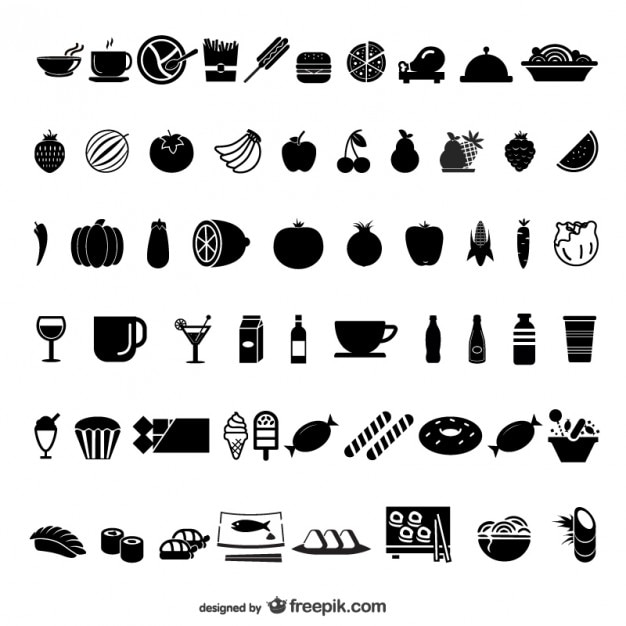 Vector Gratis set ikon hitam makanan dan minuman