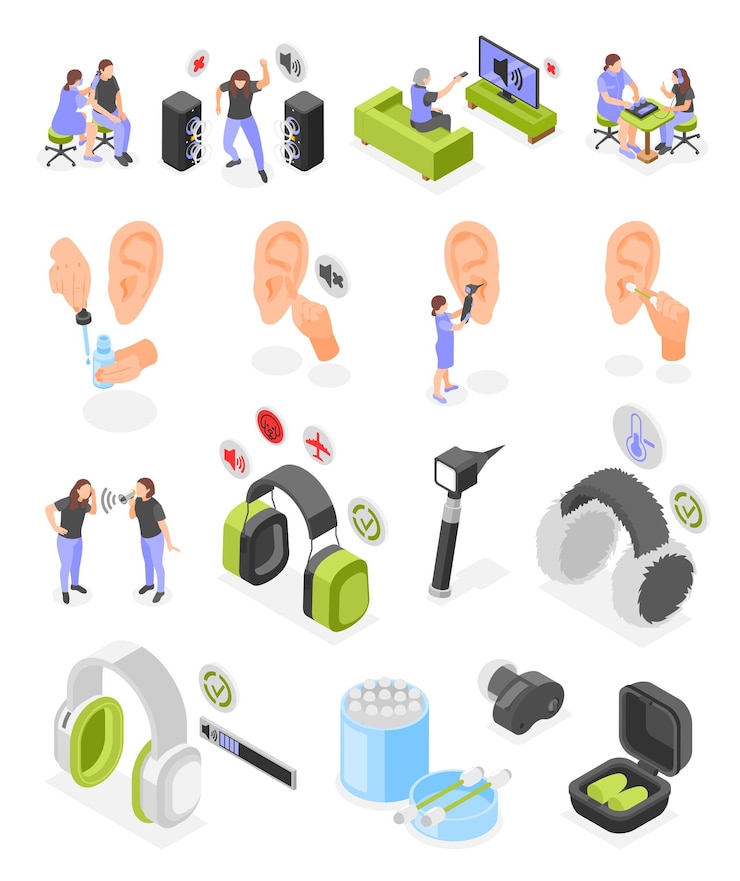 Vector Gratis set ikon isometrik kebersihan pendengaran dari peralatan medis untuk diagnostik telinga dan produk perawatan telinga, ilustrasi vektor terisolasi