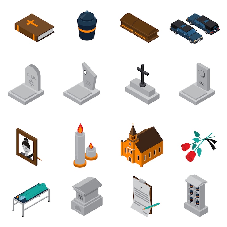 Vector Gratis set ikon isometrik pemakaman
