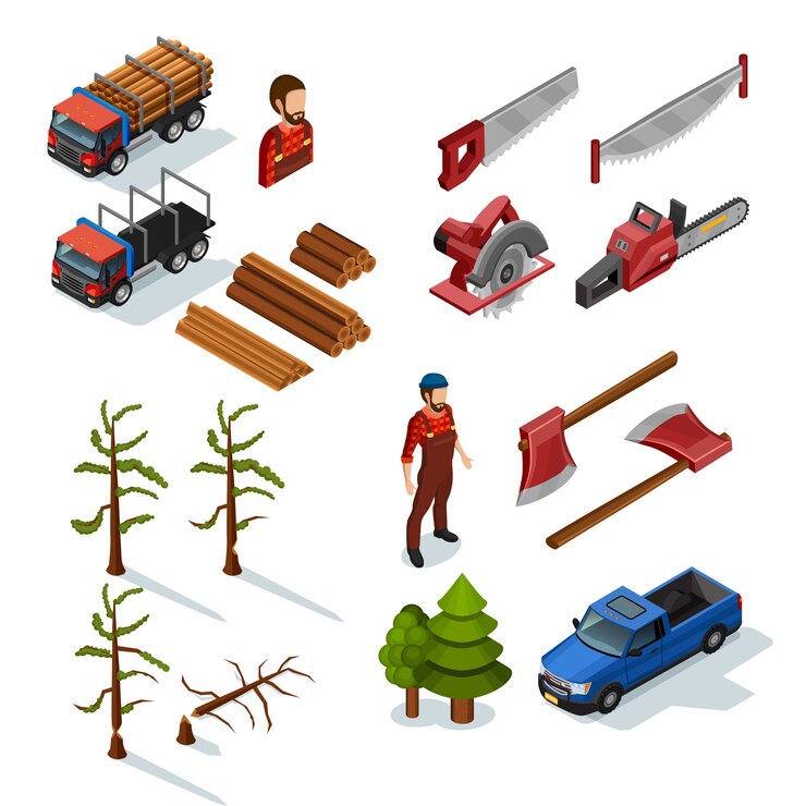 Vector Gratis set ikon isometrik penebang kayu