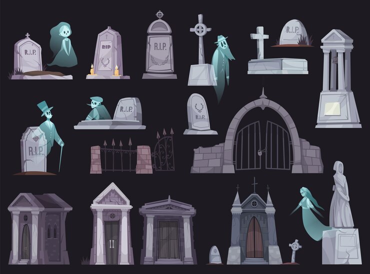 Vector Gratis set ikon kartun dengan pagar pemakaman tua, kapel, batu nisan, ruang bawah tanah, salib, dan hantu yang diisolasi dengan ilustrasi vektor latar belakang hitam