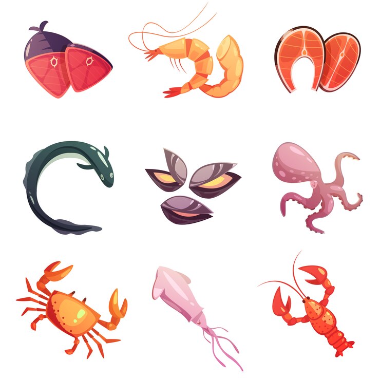 Vector Gratis set ikon kartun makanan laut